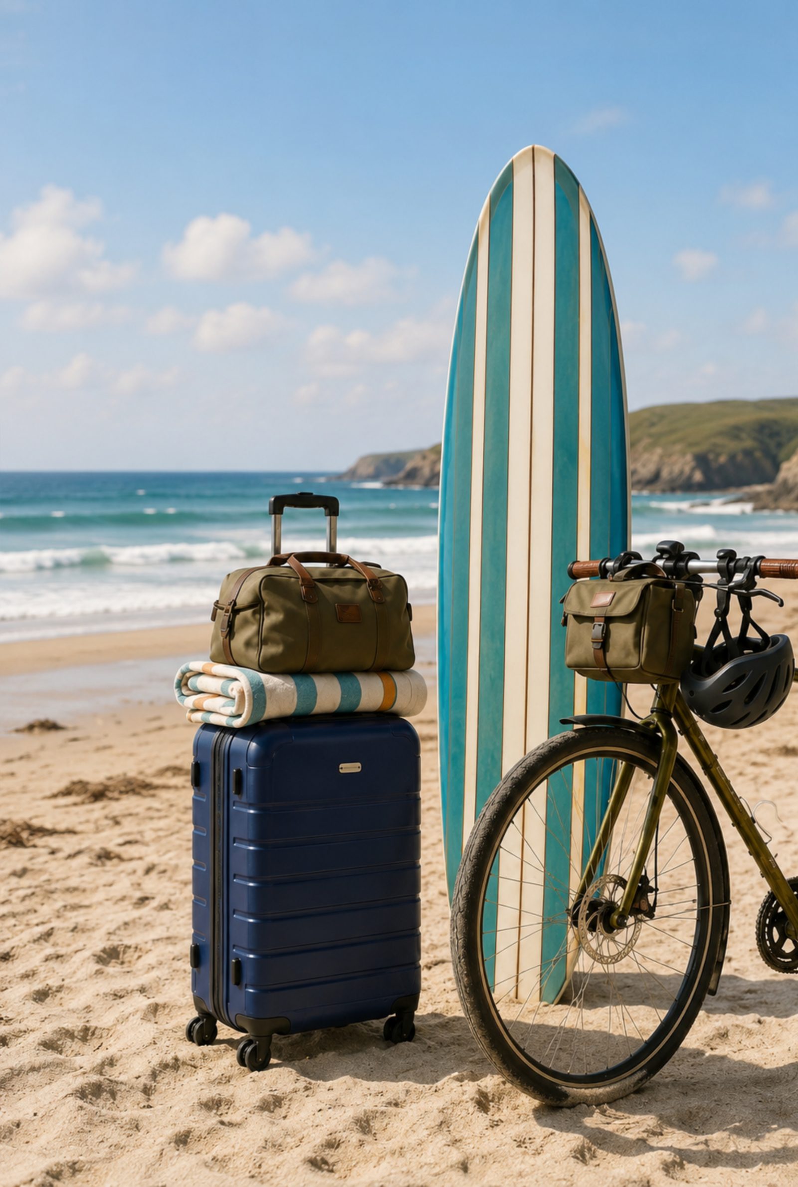 Surfboard, navy suitcase and bike on a Newquay beach